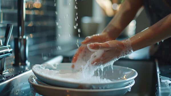 mains en train de laver une assiette avec un produit de vaisselle composé de protéines hydrolysées