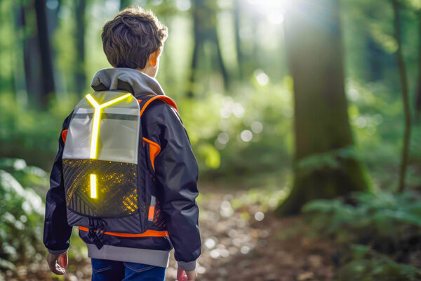Enfant se baladant dans la forêt avec un sac à dos sur lequel des pigments phosphorescents jaunes se reflètent