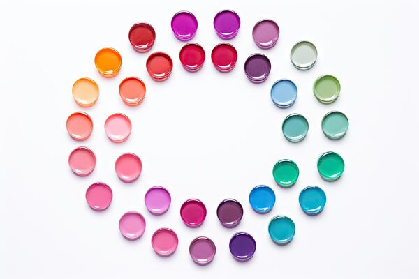 colourful pigment preparations in a circle on a white background